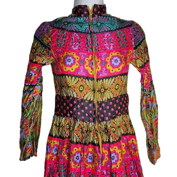 Vintage 60s Maxi Dress Womens Size S Neon Floral Paisley Groovy Hippie Boho - Picture 4 of 13